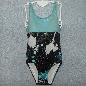 Justice Turquoise Black White Splotches Leotard L(12-14)